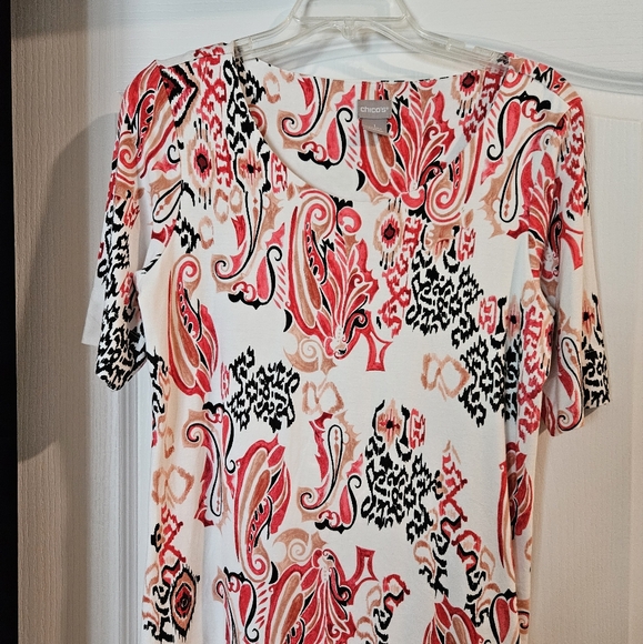 Chico's paisley design, size 1, elbow length, rayon & spandex, pink & alabaster - Picture 1 of 6